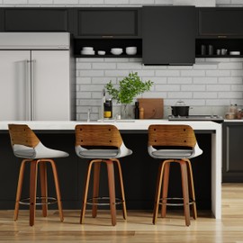 SIMPLIHOME Carly Swivel Bar Stools (Set of 2) - 16 inch Seat Height Upholstered Wood Chairs in Grey Linen Look Fabric, Contemporary Seating for Kitchen or Bar with Walnut Finish