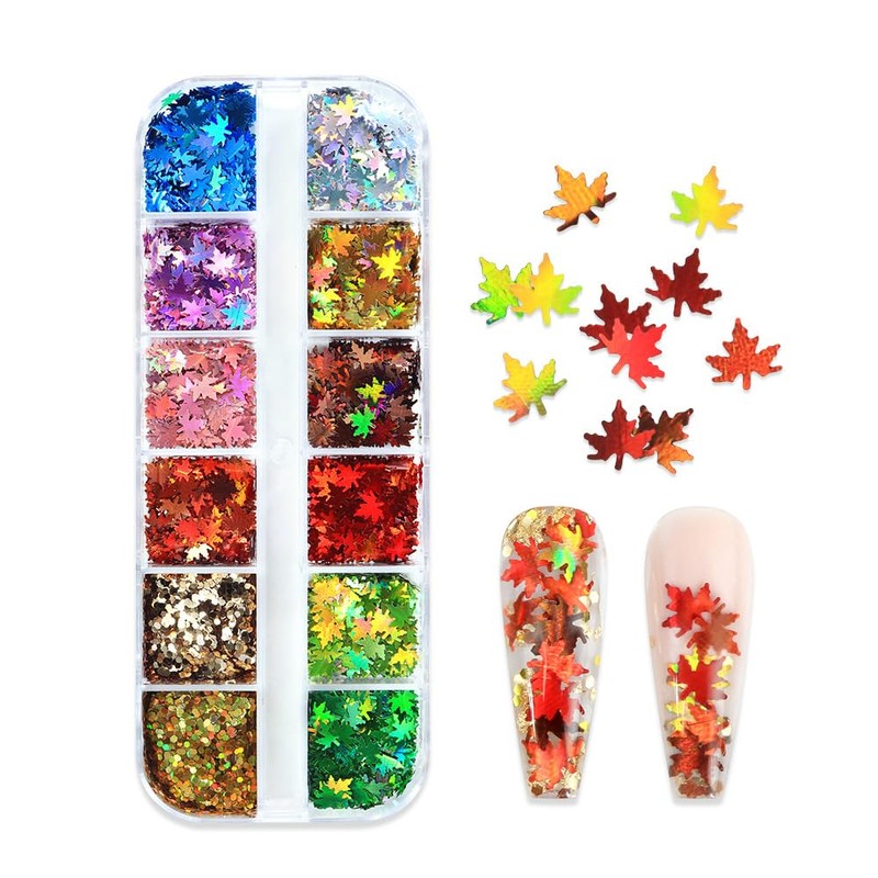 1 Box 12 Color Holographic Fall Leaf Nail Glitter Hexagonal