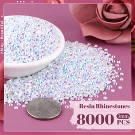 8000PCS 3mm Resin Jelly Rhinestones in Bulk (White AB), Bedazzling Flatback Crystals Rhinestones for Crafting DIY Nail Decoration, Gems Diomand Charms for Tumbler Shoes Clothing Fabric