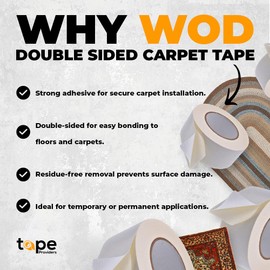 WOD DCPT43T Double Sided Carpet Tape - 4 inch x 33 yds. for Keeping Area Rugs & Carpets in Place - Ideal for Wood & Hardwood Floors, Arts, and Crafts Projects.