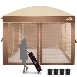 AIGOCANO Canopy Tent with Netting Screen,10x10 Easy Pop Up Gazebo for Outdoor Parties,Camping,Foldable Patio Gazebo with Roller Bag and 4 Sandbags(Brown)