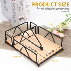 Napkin Holders for Paper Napkins, Flat Napkin Holder with Wooden Base, Black Stainless Steel Napkin Basket for Kitchen Party Square Flat Tissue Holder, Black Napkin Holders for Kitchen Table Decor