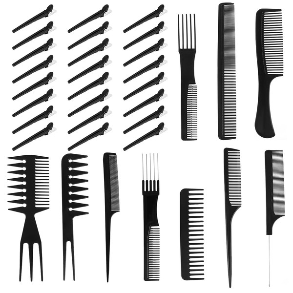 Haisheng 34 Piece Professional Styling Combs Set Multifunctional Combs Antistatic Comb Hairdressing Hair Comb Needle Handle Comb Carbon Comb Hair Cutting Combs with 24 Pieces Clips Hairdressing Tools