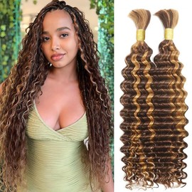 Human Braiding Hair for Boho Braids Deep Wave Bulk Human Hair for Braiding 18 Inch 2 Bundles 100g Highlight Ombre 4/27 Brazilian Wet and Wavy Curly Human Hair Braiding Hair Extensions No Weft Bundles