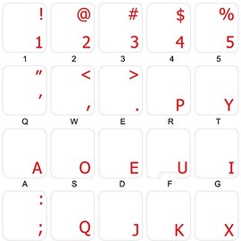 Dvorak Simplified Keyboard Stickers with RED Lettering ON Transparent Background