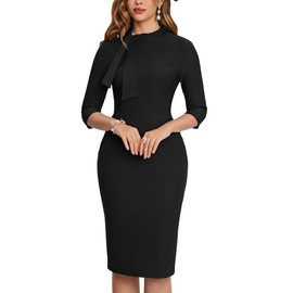 MUXXN Womens Charming 50s Midi 3/4 Sleeve Pencil Retro Business Work Special Occasion Dresses Black M