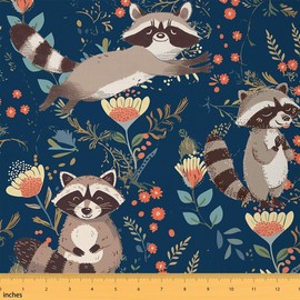 Cartoon Raccoon Fabric by The Yard Retro Flowers Jungle Plants Graffiti Fabric for Sewing Lovers Watercolor Cute Wild Animals Rustic Style Fabric for Room Decor and DIY Upholstery 1 Yard,36" Lx59 W