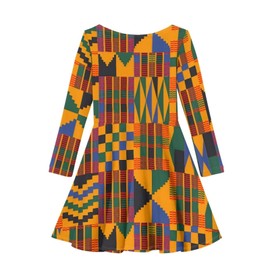 AmzPrint Kente Tribal Print African Dresses for Girls Summer Casual Swing Dresses Kids Long Sleeve Party Dress 4-12 Years