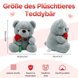 Teddy Bear, Teddy with Rose 25 cm, Plush Bear Teddy Cuddly Toy, Mother's Day Gifts for Mum, Cute Fabric Bear Toy as a Gift for Mum, Girlfriend, Children for Valentine's Day, Birthday, Mother's Day