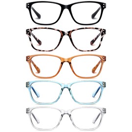 SOCTICK 5-Pack Reading Glasses Blue Light Blocking, Fashion Square with Comfort Spring Hinges Readers for Womens, Anti Glare/Filter UV eyeglasses +1.0