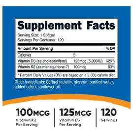 Nutricost Vitamina K2 + Vitamina D3, 120 Cápsulas Blandas Sabor Sin sabor