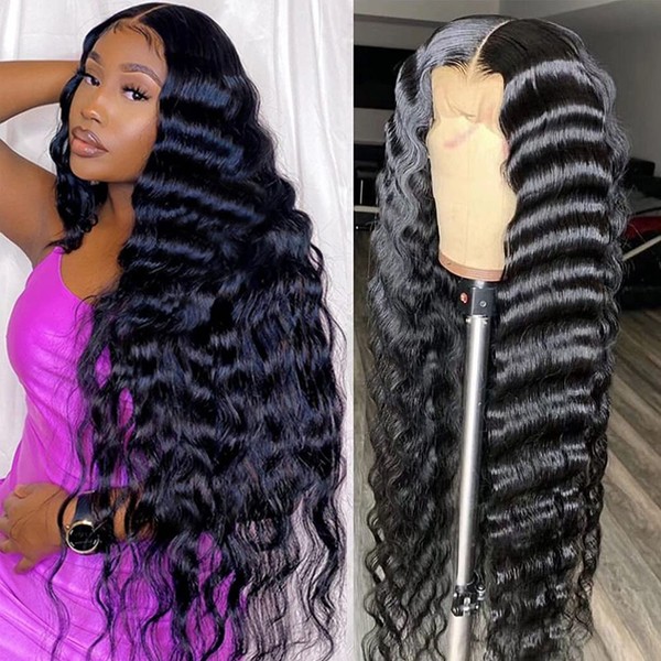 JIETAI 9A HD Transparent T-Part Loose Deep Wave Lace Front Wigs Human Hair for Black Women Wigs 180% Density Lace Front Human Hair Wigs Pre Plucked Bleached Knots with Baby Hair (26 inch)