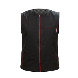 Barber Vest Shirt Jacket Sleeveless Men's Salon Hair Repellent Ultra Lightweight and Breathable 2 Pockets for Working Tools (Red Black, Large)