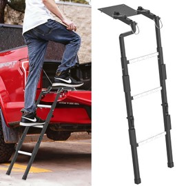 Tailgate Ladder Universal Fit, Truck Bed Step Ladder for Pickup Truck with Non-Slip Aluminum Steps for Easy Access, Stainless Steel Self Drilling Screws & Replaceable Rubber Feet, 45” Adjustable