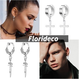 Florideco 22Pcs Stainless Steel Fake Earrings for Men Women Cross Chain Pendant Earring Non-Piercing Huggie Hoop Earrings Set Clip On Earrings for Men Black Fake Earrings Silver Tone