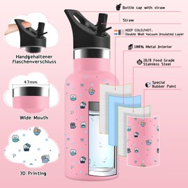 Vikaster Thermos Flask with Straw, Keeps Hot for 12 Hours, Cold for 24 Hours, Children's Thermos Flask, 350 ml, BPA-Free, Stainless Steel Drinking Bottle for Children, Schools, Cyclists, Gyms, Sports