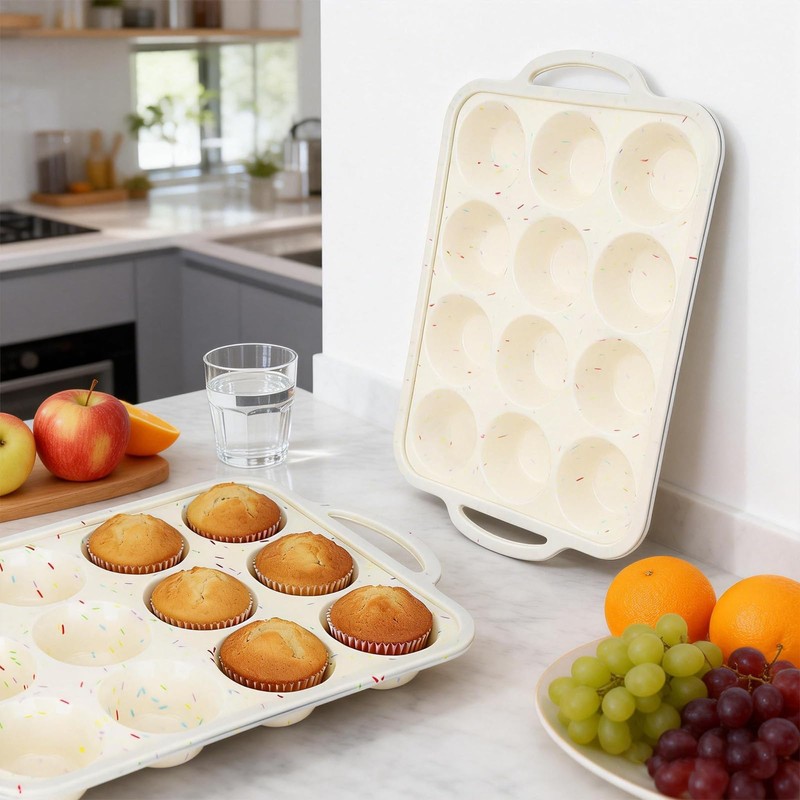 2 Pack Silicone Muffin Pans, 12-Cup Non-Stick Cupcake Baking Mold,