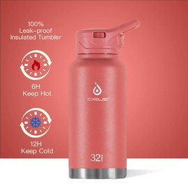 IDEUS Vacuum Insulated Water Bottle, Stainless Steel Double Wall Flask Metal Sports Canteen with Leak-Proof Screw Cap (Red, 32oz (950ml))
