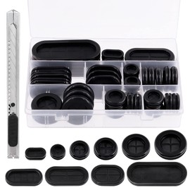 Hilitchi 43PCS 10 Sizes Oval & Round Double-Sided Rubber Grommet Assorments Kit with A Mini Box Cutter, Drill Hole Firewall Hole Plugs Grommets and Electrical Appliance Grommets Wire Protection