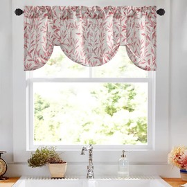 VOGOL Tie Up Valances for Windows of Kitchen, Lovely Leaf Print Tie-up Adjustable Valance for Small Windows, Rod Pocket, 52x18, One Panel, Red Leaves