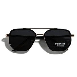 LIGOES TR90 Polarised Sunglasses Retro Square Flattop Sunglasses Double Bridge Full Frame UV400 Lens Glasses, Gold with black