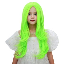 Edivd-Peluca verde neón para niñas, peluca larga verde ombré con raya al medio, peluca rizada ondulada verde claro para niñas, peluca sintética resistente al calor con gorro para peluca