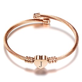 OutstandLong Initial J Letter Rose Gold Cuff Bracelet for Mom Grandma Wife Women Alphabet Heart Expandable Charm Bracelets