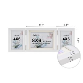 SaZiCat Hinged Tri-Fold 4x6 & 6x8 Picture Frame with Tempered Glass-Tabletop or Wall Mounted Display for Two 4x6 & One 5x7/6x8 Photos (with/without Mat)-Matte White-B467546