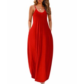 Wolddress Womens 2025 Casual Sleeveless Sundress Plus Size Loose Plain Long Summer Beach Maxi Dress with Pockets Red L