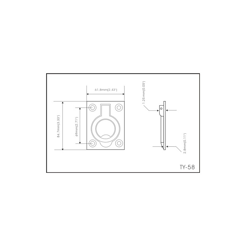 QCAA Solid Brass Large Heavy Rectangular Recessed Flush Ring Pull,