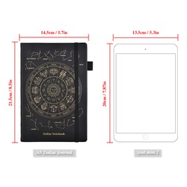 A5 Bullet Dotted Journal, Zodiac Constellations Hardcover Notebooks with 12 Colors Pen, 8 Sheets Hollow Stencil, 320 Pages Dotted Grid Paper with Strap Band, Pen Holder (Black)