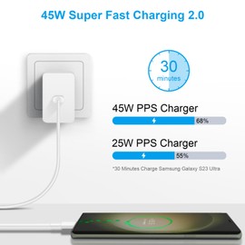 45W USB C Super Fast Charger, Type C Charger Fast Charging Block, Android Phone Charger with 6Ft Type C to C Cable for Galaxy S25 Ultra/S25/S24/S23/S22/S21/S20/Note 20/Note 10（White）