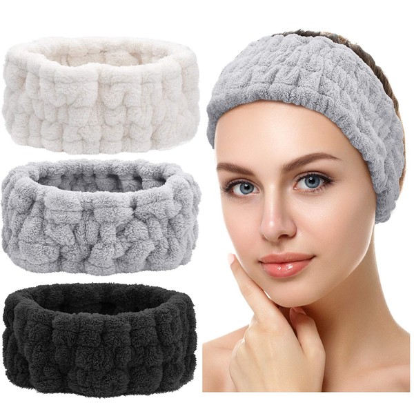 Chuangdi 3 Pieces Spa Facial Headband for Makeup and Washing Face Terry Cloth Hairband Yoga Sports Shower Facial Elastic Head Band Wrap for Girls and Women (Black, White, Light Grey)