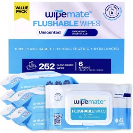WIPEMATE 6 PACK, 252 ULTRA Flushable Butt Wipes, Soothing Vitamin E & Aloe Unscented