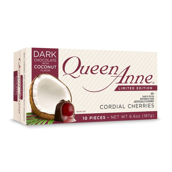 Queen Anne (1) Box Dark Chocolate with Coconut Flavor Cordial Cherries Holiday Candy - 10 Pieces per Box - Net Wt. 6.6 oz
