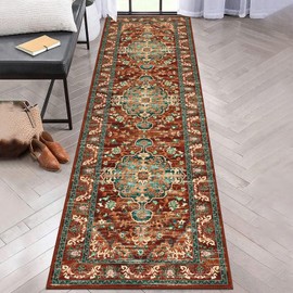 U'Artlines 2' x 8' Boho Hallway Runner Rug, Non Slip Washable Vintage Farmhouse Accent Area Rug Carpet for Kitchen Entryway Laundry and Living Room (Rust＆Teal)