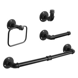 NearMoon 4 Pieces Industrial Pipe Bathroom Hardware Set, Include 18 Inch Towel Bar, Towel Ring, Toilet Paper Holder and Robe Hook, Heavy Duty Rustic Iron Decor Wall Mounted Accessories Kit (Black)