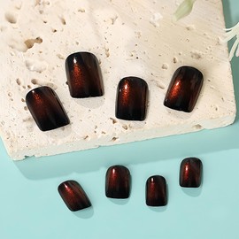 IMRAIN Press on Nails Short Square Fake Nails Black Solid Color Glue on Nails Red Ombre Shiny Gel False Nails Finger Nail Art for Women Glossy Squoval Stick on Nails 24Pcs