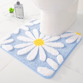 QJHOMO Toilet Rugs U Shaped, Blue Toilet Mat Cute Daisy Contour Bath Rug 20"x20", Extra Thick Soft Machine Washable Toilet Carpet, Non Slip Bathroom Floor Mats Super Absorbent Microfiber Bath Rugs