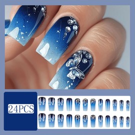 Square Press on Nails Medium Length Fake Nails Cute Blue Gradient False Nails with Butterfly Designs French Tip Acrylic Glue on Nails Gloss Rhinestones Stick on Nails for Women Girls 24Pcs