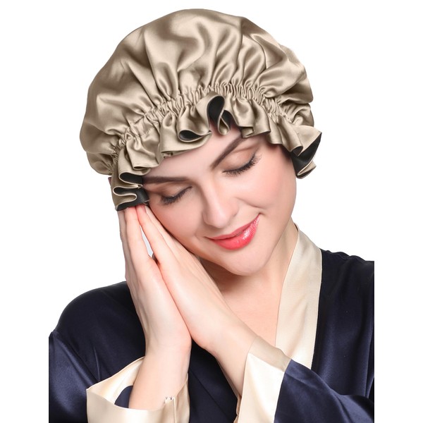 LilySilk Pure Silk Lined Cap for Women Sleep, Double Layered, Adjustable Ribbons, Luxury Natural Silk Bonnet Cap for Sleeping Coffee+Black
