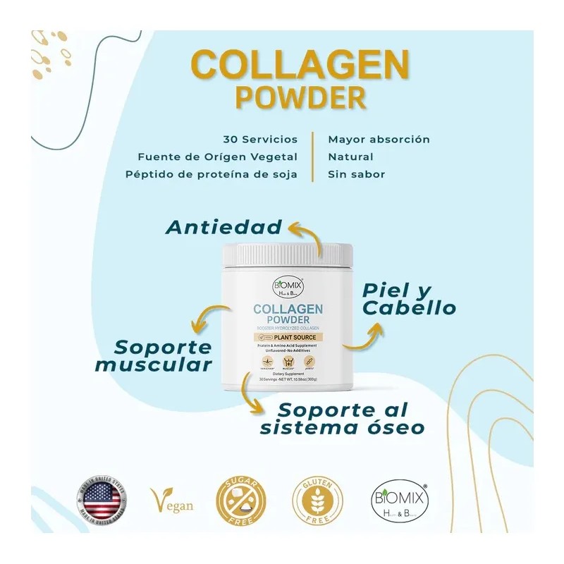 Colágeno Hidrolizado Vegano Sin Gluten, Sin Sabor. Potenciador De Colágeno