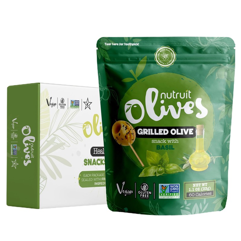 Nutruit Olives Snacks - Pitted Grilled Olives with Basil -