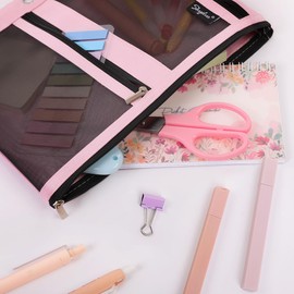 SKYDUE Pencil Pouch for Binder, Pencil Case, 3 Ring Binder Pencil Pouch with 3 Pockets and Mesh Window, Zipper Pencil Pouch, Durable Organizer for School Supplies, Cables, Earbuds, Makeup, Pink