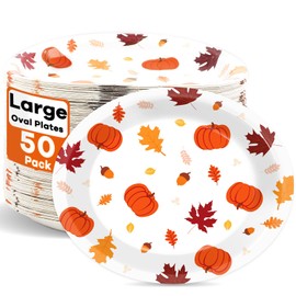 50PCS Fall Oval Paper Plates Large 11” Disposable Autumn Party Decorations Maple Leaf Pumpkin Supplies Favor for Thanksgiving Theme Platters Fall Heavy Duty Dish Gathering Dinner Party Tableware Set