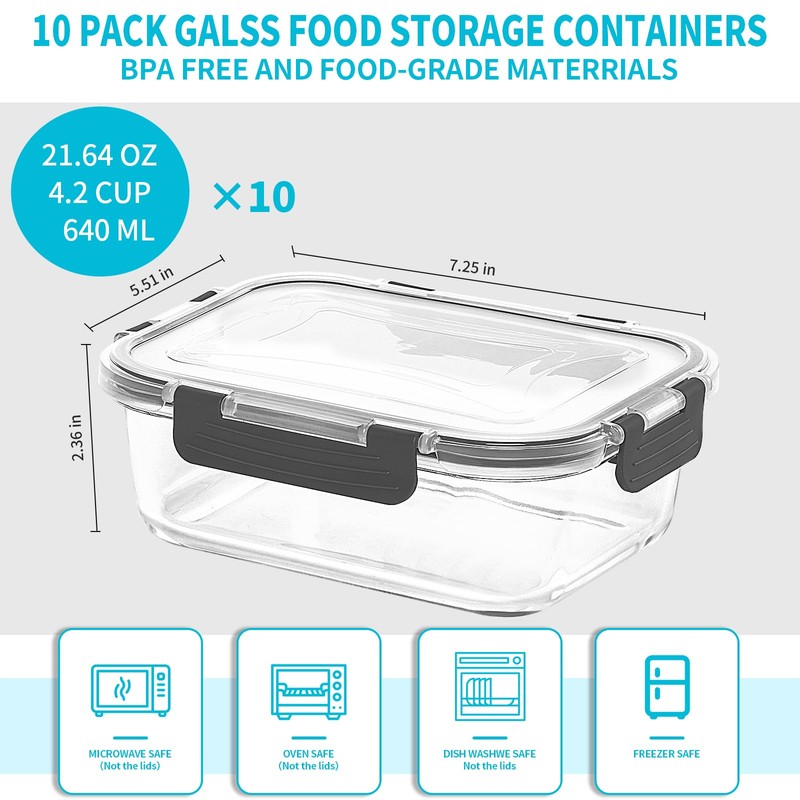 Skroam 10 Pack Glass Meal Prep Containers, 22 OZ Glass