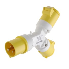 kenable 110V 16A Industrial Site Power Splitter Y Cable | IP44 Splashproof Yellow Adaptor | 1 Plug to 2 Sockets | Building Sites Festivals Outdoor Events | 2 Way