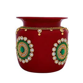 Decorative Kalash Lota Handpainted Steel Puja Kalash for Indian Traditional Festival New Year Decoration Gifting Pooja Item Home Temple Puja Rituals Housewarming Stainless Steel Lota(Size-4")(Red)