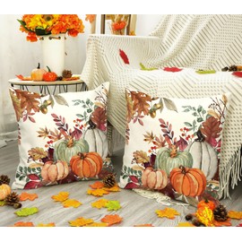4TH Emotion Fall Pumpkin Leaves Throw Pillow Covers 20 x 20 Inch Set of 2, Autumn Thanksgiving Farmhouse Holiday Cushion Case for Home Sofa Couch Decoration S24F22-20