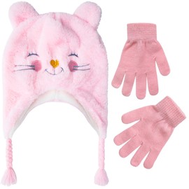 Toddler Winter Hat and Mittens for Boys & Girls Ages 2-4 Years Old or Fleece Lined Hat & Kids Gloves Set for 4-7 + Chin Strap (Pink Kitten - Gloves)